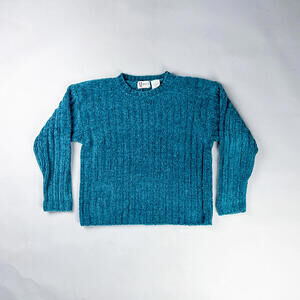 Vintage Chenille Sweater, Y2K Women's Teal Ribbed Knit Sweater